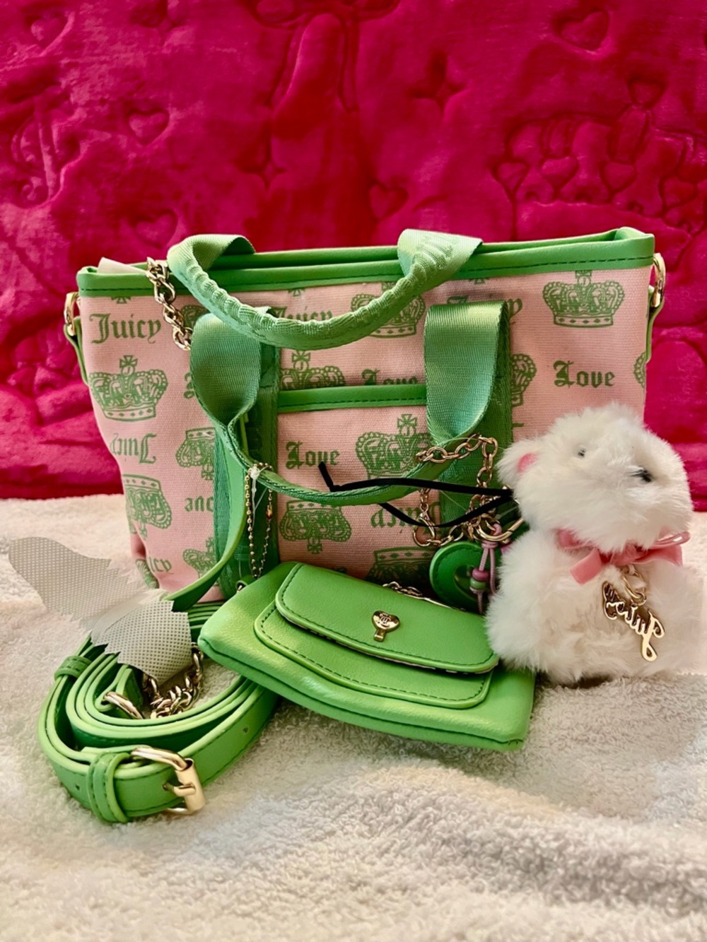 Juicy Couture Pink Canvas Mini Pet Tote with Green Trim and Accessories